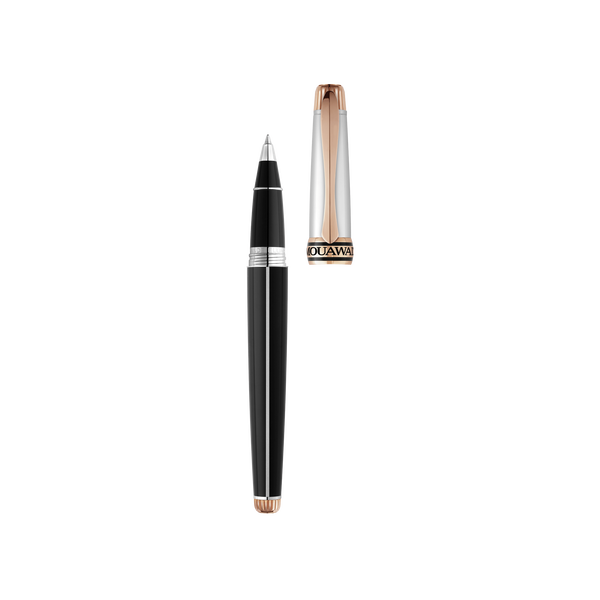 Grande Ellipse Black Lacquer Ballpoint Pen in Palladium & Rose Gold