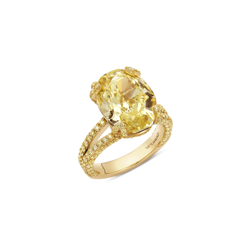 The Only Oval Fancy Yellow Diamond Engagement Ring with Half-Pav&eacute; Band