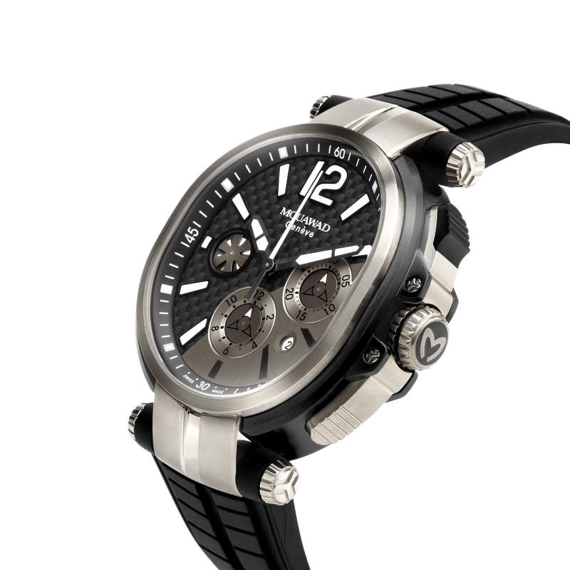 Grand Ellipse Sport Watch S2052 Swiss Automatic Chronograph Titanium Black Rubber Carbon Fiber Dial Mouawad