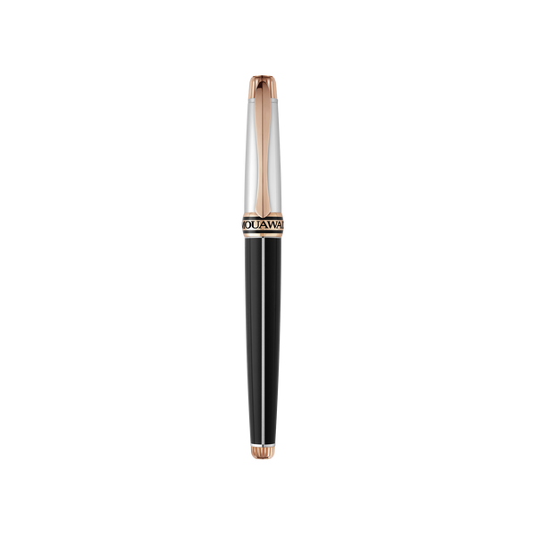 Grande Ellipse Black Lacquer Ballpoint Pen in Palladium & Rose Gold
