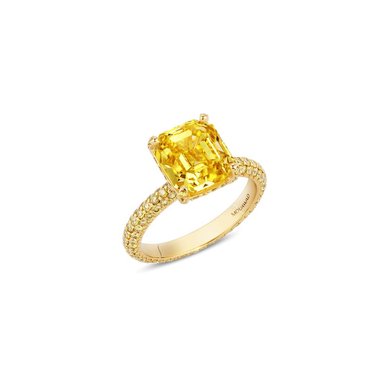 Emerald-Cut Fancy Vivid Yellow Diamond Ring with Full Pav&eacute; Band