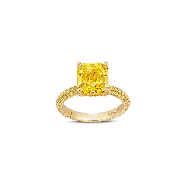 Emerald-Cut Fancy Vivid Yellow Diamond Ring with Full Pav&eacute; Band