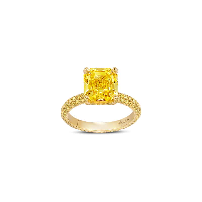 Emerald-Cut Fancy Vivid Yellow Diamond Ring with Full Pav&eacute; Band