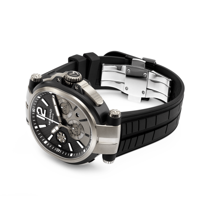Grand Ellipse Sport Watch S2052 Swiss Automatic Chronograph Titanium Black Rubber Carbon Fiber Dial Mouawad
