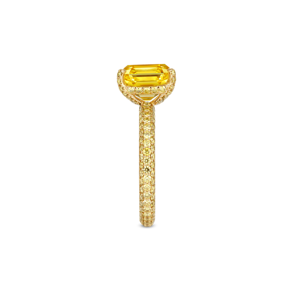 Emerald-Cut Fancy Vivid Yellow Diamond Ring with Full Pav&eacute; Band
