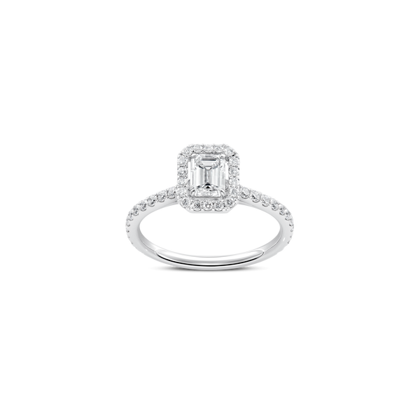 Unity Emerald-Cut Diamond Micropav&eacute; Halo Engagement Ring